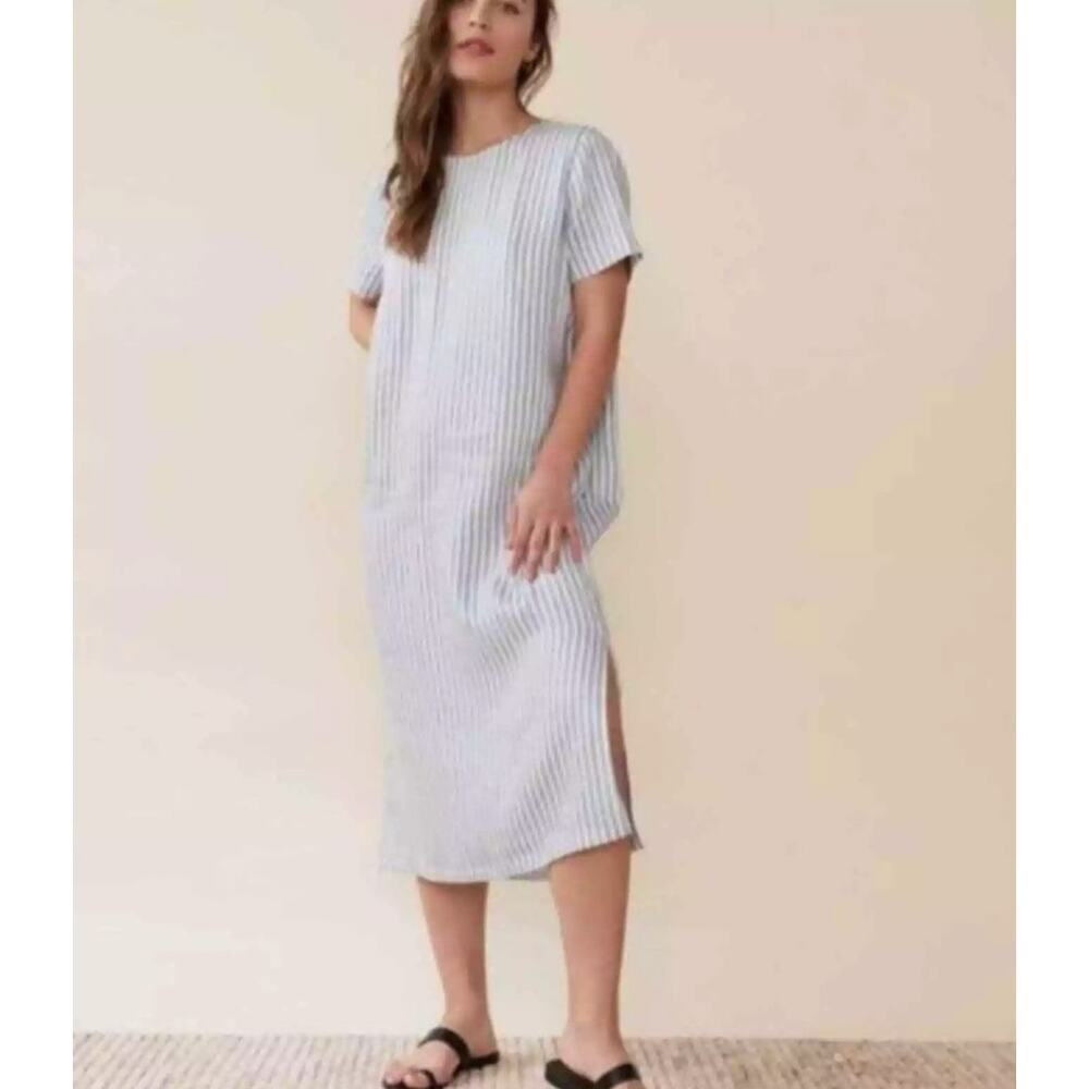Jenni Kayne‎ Blue White Stripe Linen Midi Dress with Belt Size S Minimalist